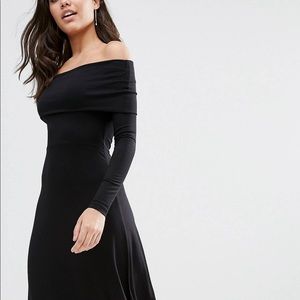Black long sleeves Bardot midi skater dress